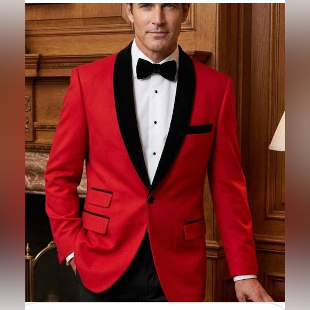 Elegant Red Tuxedo Blazer with Black Accents